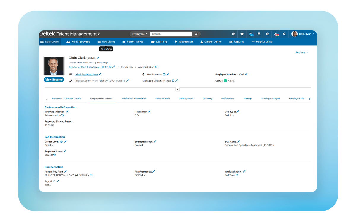 Employee profile interface displaying personal, job, and compensation details within Deltek Talent Management system.